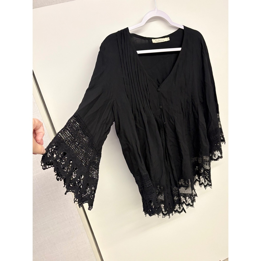 Whimsigoth Dark Romantic Blouse Crochet Lace Pintuck Women 1X Black Boho Vamp